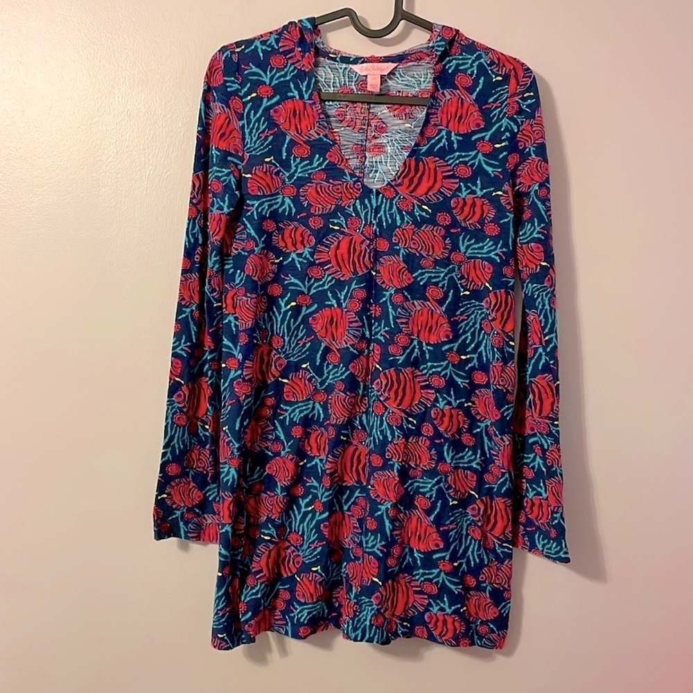 Lilly Pulitzer Tropical Fish Hooded Coverup Mini Dress size XS Navy Red Teal